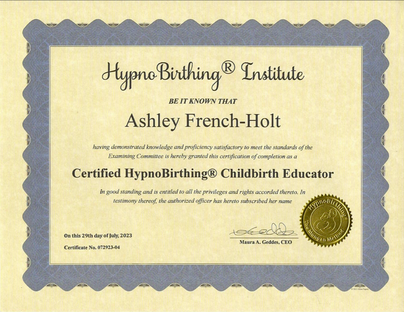 HypnoBirthing certificate Ashley